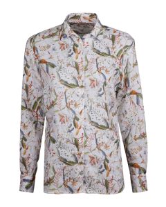 Vit linneskjorta med blommigt mönster och oversize passform.