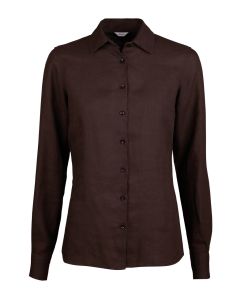 Mörkbrun linneskjorta för damer. Mörkbruna knappar.