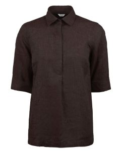 Mörkbrun dam linneskjorta med kort ärm i pop-over modell.