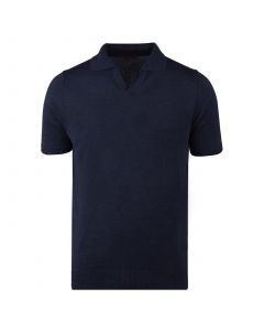 Navy Blue Knitted Merino Linen Polo Shirt