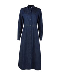 Stenströms dam Karla mörkblå denimklänning i 100 % bomull med puffärmar och tryckknappar.