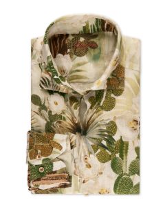 Beige blommig linneskjorta med cut away krage och pärlemorknappar.