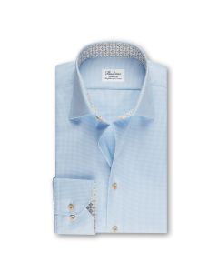 Light blue dogtooth patterned stenströms fitted body shirt with a green, white and blue contrast colour inte the collar and cuffs.