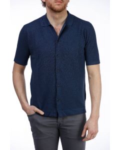 Navy Blue Textured Linen Mixed Polo Shirt