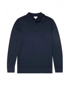 Blue Merino Wool Polo Shirt Long Sleeve