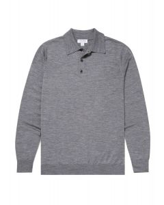 Grey Merino Wool Polo Shirt Long Sleeve