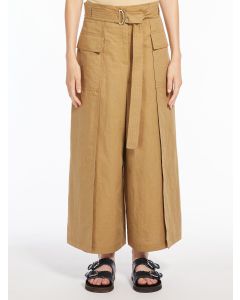 Beige utsväng linnemix byxa med cargofickor och midjebälte.
